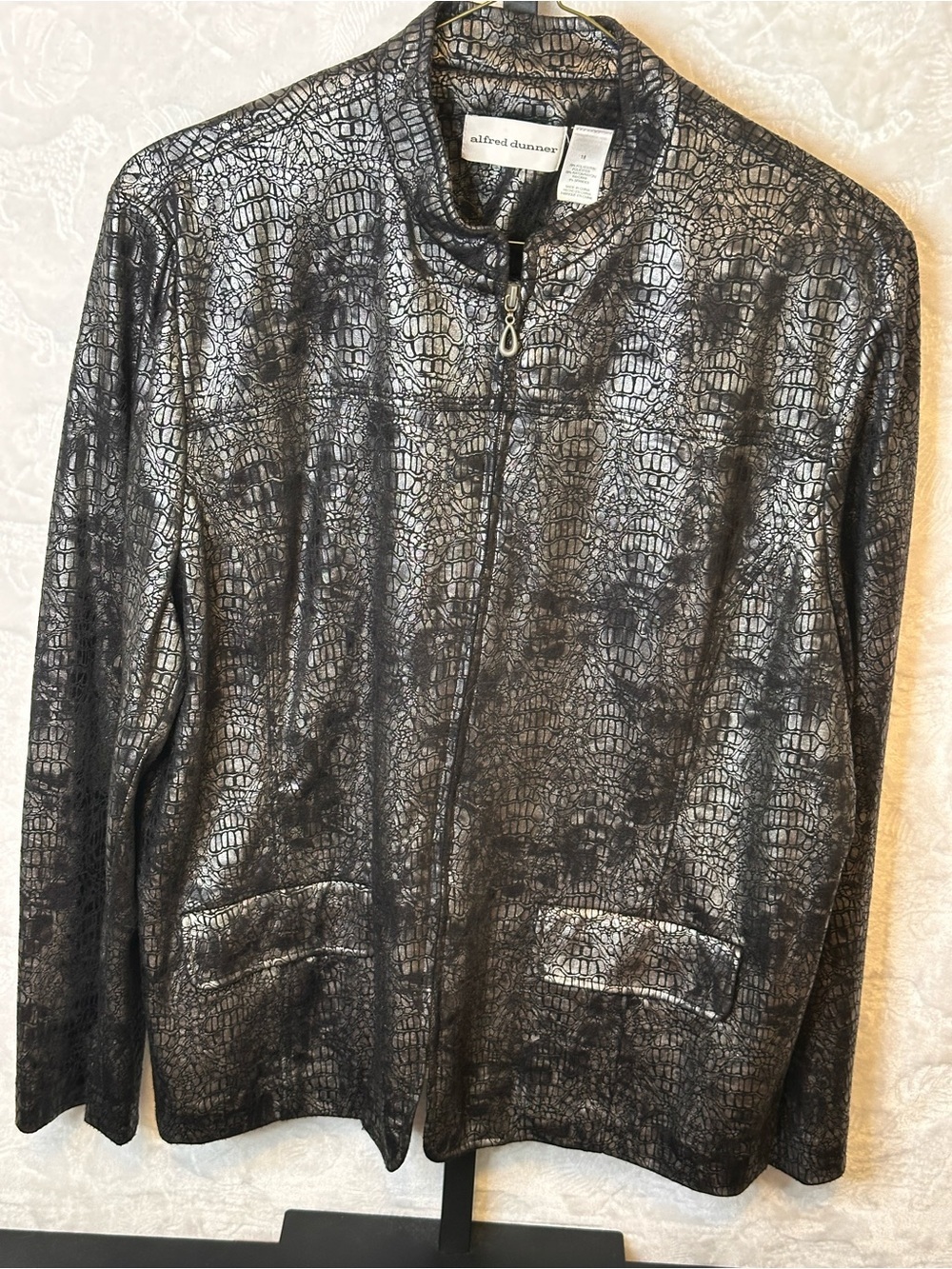 Alfred Dunner Metallic Croc-Embossed Zip Jacket - Black & Silver